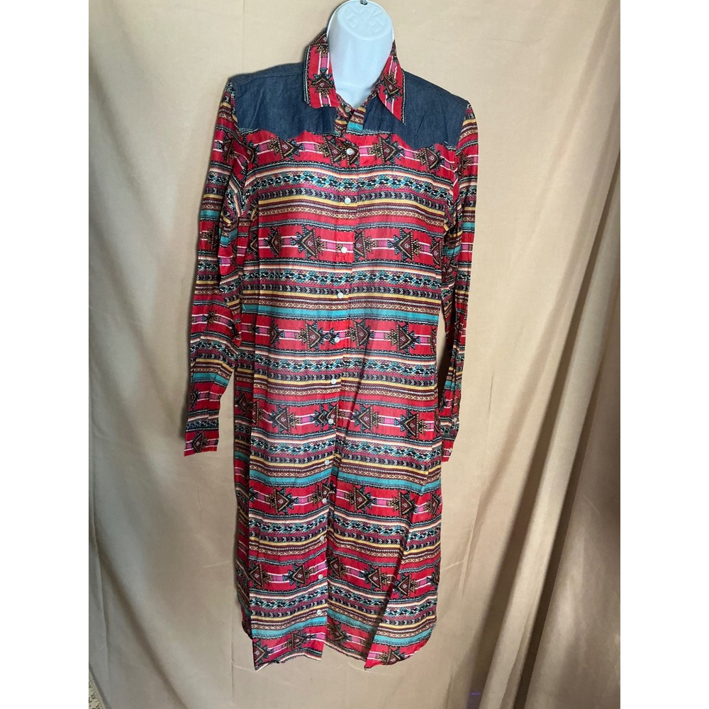 Tin Haul Shirt Dress Womens Medium Red Southwestern Denim Yoke Excellent Western